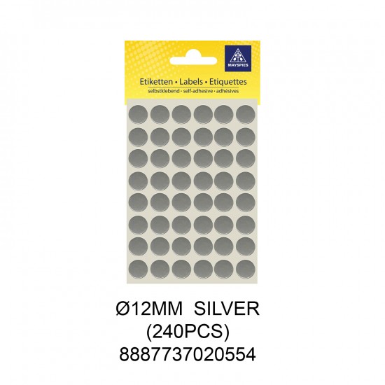 MAYSPIES MS012 COLOUR DOT LABEL / 5 SHEETS/PKT / 240PCS / ROUND 12MM SILVER